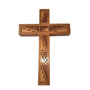 Carved Hand Brown Wood Cross Mexico  6.5"x 9"